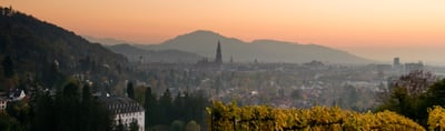 View over Freiburg with the cathedral and the hills of the Black Forest at dusk