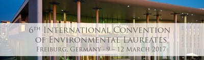 Konzerthaus Freiburg at dusk with the caption: 6th International Convention of Environmental Laureates, Freiburg, Germany, 9-12 March 2017