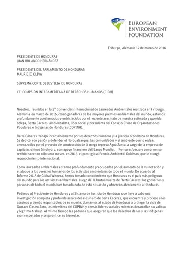First page of the Spanish letter to the President of Honduras, dated 12 March 2016