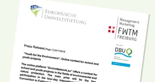 First page of the press release of 04/11/2016 "Youth for the Environment": Online contest for school and youth projects, with the logos of the Europäische Umweltstiftung, FWTM and DBU