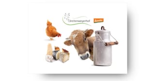 A hen, a cow, a milk churn and cheeses with the logos of Breitenwegerhof and demeter
