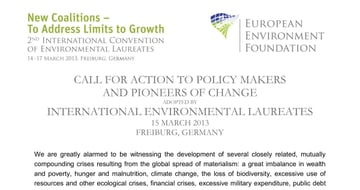 First page of the Call for Action to policy makers and pioneers of change adopted by international environmental laureates on 15 March 2013