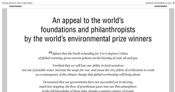 Page of the International New York Times of 15 September 2014 with the advertisement An appeal to the world’s foundations and philanthropists by the world’s environmental prize winners