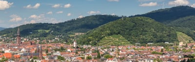 Panorama of Freiburg with the cathedral and the hills of the Black Forest