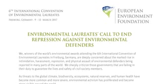 First page of the document "Environmental Laureates' Call to end repression against environmental defenders", 6th International Convention of Environmental Laureates, Freiburg, Germany, 9-12 March 2017