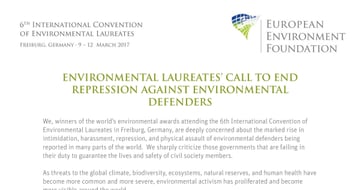 First page of the Environmental Laureates’ Call to end repression against environmental defenders