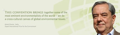 Portrait of Ashok Khosla with his quote: "This convention brings together some of the most eminent environmentalists of the world – we do a cross-cultural canvas of global environmental issues." Ashok Khosla, India, Zayed International Prize for the Environment