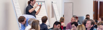 Young people working in groups with a facilitator at a flip chart