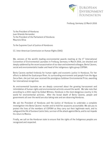 First page of the English letter to the President of Honduras, dated 12 March 2016
