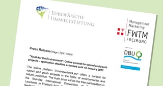 First page of the press release of 23/11/2016 "Youth for the Environment": Online contest for school and youth projects, application deadline extended until 10 January 2017