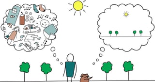 Drawing of a person with a dog thinking of a cluttered life on one side and of trees and the sun on the other