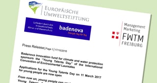 First page of the press release of 17/10/2016: Badenova innovation fund for climate and water protection sponsors the "Young Talents Day" of the International Convention of Environmental Laureates, with the logos of the Europäische Umweltstiftung, badenova and FWTM