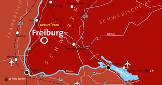 Map of the region around Freiburg with Schwarzwald, Offenburg, Rust with Europa-Park, Colmar, Mulhouse, Basel, Donaueschingen, Konstanz and Bodensee, motorways, railway lines and airports; Basel 55 min, 70 km