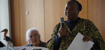 A woman in a patterned dress speaking into a microphone, a stork figure on the table