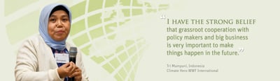 Tri Mumpuni speaking into a microphone, with her quote: "I have the strong belief that grassroot cooperation with policy makers and big business is very important to make things happen in the future." Tri Mumpuni, Indonesia, Climate Hero WWF International
