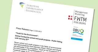 First page of the press release of 12/01/2017 "Youth for the Environment": Online Contest for school and youth projects, Public Voting until January 22nd, with the logos of the European Environment Foundation, FWTM and DBU